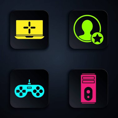 Bilgisayar, Laptop, Gamepad ve Premium hesap ekranı oluşturun. Siyah kare düğme. Vektör.