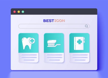 Diş fırçasını diş macunuyla, diş fırçasını ve panoyu diş kartı simgesiyle ayarla. Vektör.