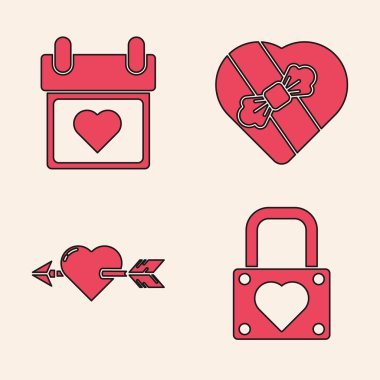 Kilit ve kalbi ayarla, Kalple Takvim, kalp şeklinde şeker kutusu ve kalp ve ok ikonlu Amour. Vektör.