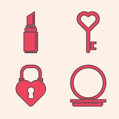 Makyaj tozunu ayna, ruj kalp şeklinde anahtar ve kalp simgesi şeklinde Castle ile ayarla. Vektör.