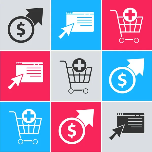 Set Financial Growth Coin Online Shopping Screen Add Shopping Cart — Stock Vector