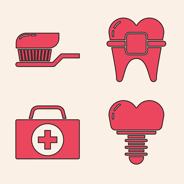 Set Zahnimplantate Zahnbürste Mit Zahnpasta Zähne Mit Zahnspange Und Verbandskasten — Stockvektor