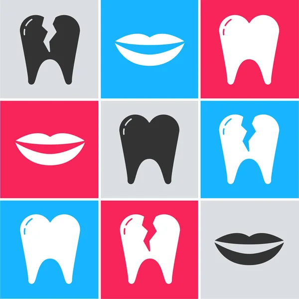 Ustaw Złamany Ząb Uśmiechnięte Usta Ikona Ząb Wektor — Wektor stockowy