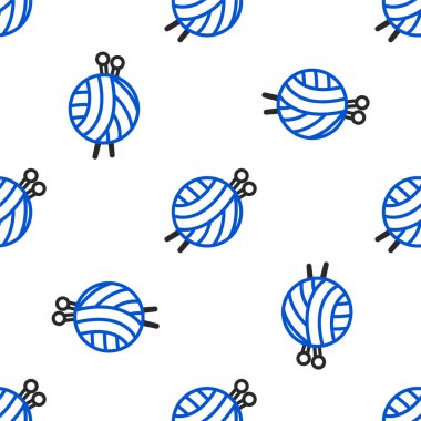 Örgü iğneleri ikonlu çizgi ipliği topu beyaz arka planda izole edilmiş pürüzsüz desen. El yapımı, örgü ya da terzi için etiket. Renkli taslak konsepti. Vektör.