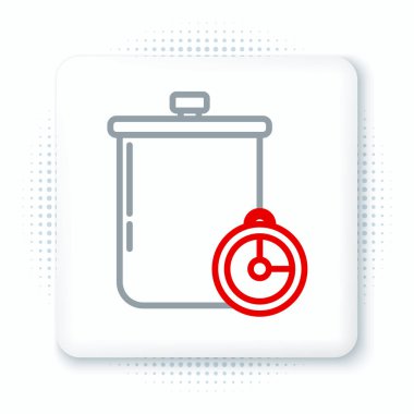 Hat pişirme kabı ve mutfak zamanlayıcısı simgesi beyaz arka planda izole edildi. Haşlama ya da güveç besin sembolü. Renkli taslak konsepti. Vektör.