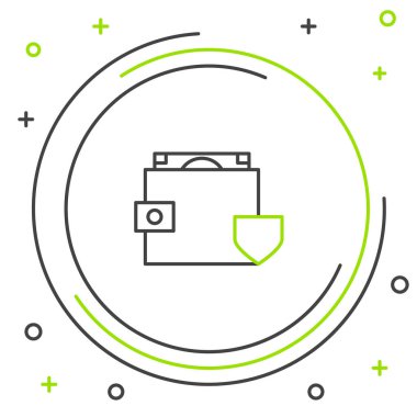 Hat cüzdanı ve beyaz arka planda kalkan simgesi olan para. Sigorta konsepti. Güvenlik, güvenlik, koruma, konsept koruma. Renkli taslak konsepti. Vektör.