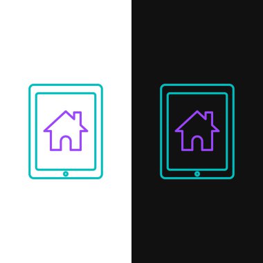 Çizgi Tableti ve akıllı ev simgesi beyaz ve siyah arkaplanda izole edildi. Uzaktan kumanda. Renkli taslak konsepti. Vektör.