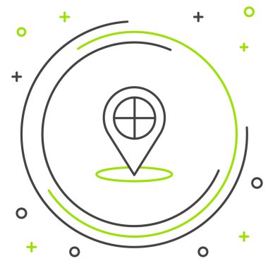 Beyaz zemin üzerinde taksi simgesi olan çizgi haritası işaretçisi. Konum sembolü. Renkli taslak konsepti. Vektör.