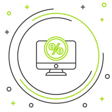 Satır yüzde indirimi ve beyaz arkaplanda izole simge izleme. Satış yüzdesi - fiyat etiketi, etiket. Renkli taslak konsepti. Vektör.