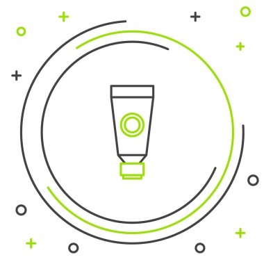 Beyaz arkaplanda çizgi kremi ya da losyon kozmetik tüp simgesi izole edilmiş. Erkekler için vücut bakım ürünleri. Renkli taslak konsepti. Vektör.