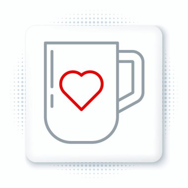 Çizgili kahve fincanı ve kalp ikonu beyaz arka planda izole edilmiş. Sevgililer Günü 'nde sevgililer için birkaç kahve. Renkli taslak konsepti. Vektör.