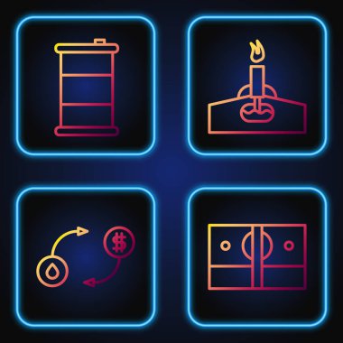 Sıraya dizilmiş kağıt para, petrol borsası, fıçı petrol ve petrol platformu. Renk simgeleri. Vektör.