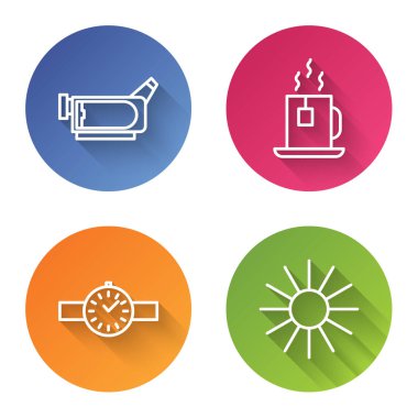 Sinema kamerası, çay poşetli çay fincanı, bilek saati ve güneş. Renkli daire düğmesi. Vektör.