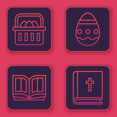 Paskalya yumurtalı Basket, kutsal İncil kitabı, Paskalya yumurtası ve kutsal İncil kitabı. Mavi kare düğme. Vektör.