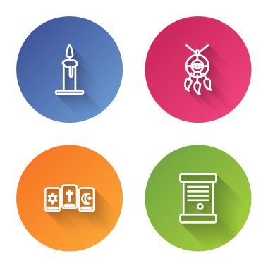 Mum yakma, tüylü düş kapanı, üç tarot kartı ve kararname, kağıt, parşömen, parşömen. Renkli daire düğmesi. Vektör.