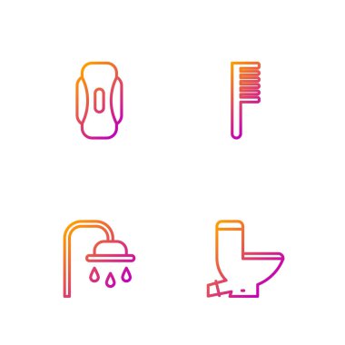 Sıra sıra tuvalet, duş başlığı, hijyenik peçete ve saç fırçası. Renk simgeleri. Vektör.