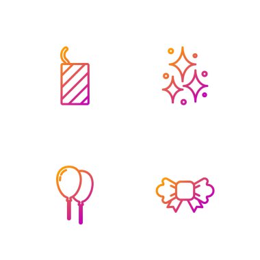 Çizgi papyon, kurdeleli balonlar, havai fişek roketi ve. Renk simgeleri. Vektör.