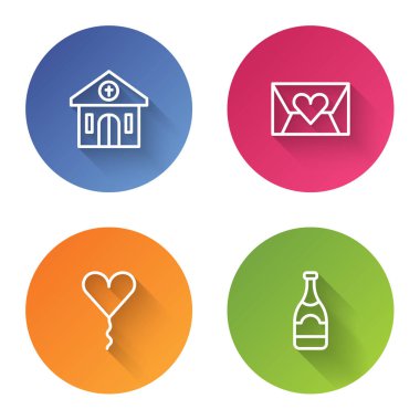 Kilise binası, Valentine kalbiyle zarf, balon formu ve şampanya şişesi. Renkli daire düğmesi. Vektör.