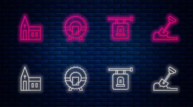 Anıt çelenk, tabela mezar taşı, kilise inşaatı ve kürek. Tuğla duvarda parlayan neon simgesi. Vektör.