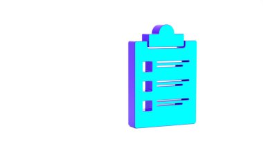 Beyaz arkaplanda kontrol listesi simgesine sahip turkuaz pano. Kontrol listesi sembolü. Anket anketi ya da anket geri bildirim formu. Minimalizm kavramı. 3d illüstrasyon 3B canlandırma