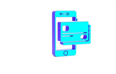 Turkuaz cep telefonu ve kredi kartı ikonu beyaz arka planda izole edildi. Akıllı telefon çevrimiçi ödeme konsepti. NFC ödemesi. Aktarım simgesi. Minimalizm kavramı. 3d illüstrasyon 3B canlandırma
