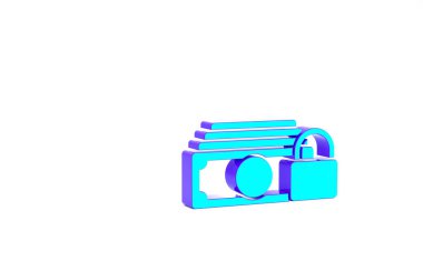 Beyaz arkaplanda kilit simgesi izole edilmiş turkuaz para. Kilitli para. Güvenlik, güvenlik, koruma kavramı. Güvenli ödeme kavramı. Minimalizm kavramı. 3d illüstrasyon 3B canlandırma