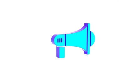 Beyaz arkaplanda izole edilmiş turkuaz megafon simgesi. Yüksek sesle konuşma uyarısı. Ağızlık için megafon, terfi diye bağırıyor. Minimalizm kavramı. 3d illüstrasyon 3B canlandırma