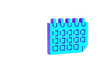 Turkuaz Takvim simgesi beyaz arkaplanda izole edildi. Olay hatırlatma sembolü. Minimalizm kavramı. 3d illüstrasyon 3B canlandırma