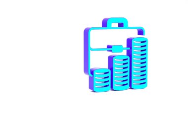 Turkuaz evrak çantası ve madeni para simgesi beyaz arka planda izole edildi. İş ilanı. İş portföyü. Minimalizm kavramı. 3d illüstrasyon 3B canlandırma