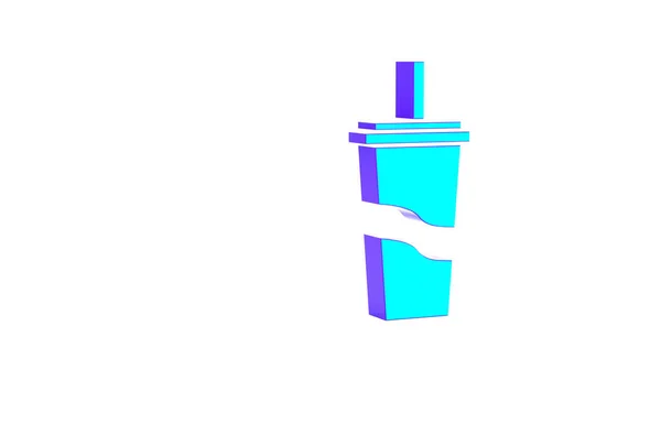 Стакан из бирюзовой бумаги с соломой и водяной иконкой на белом фоне. Содовый стакан. Символ свежего холодного напитка. Концепция минимализма. 3D-рендеринг — стоковое фото