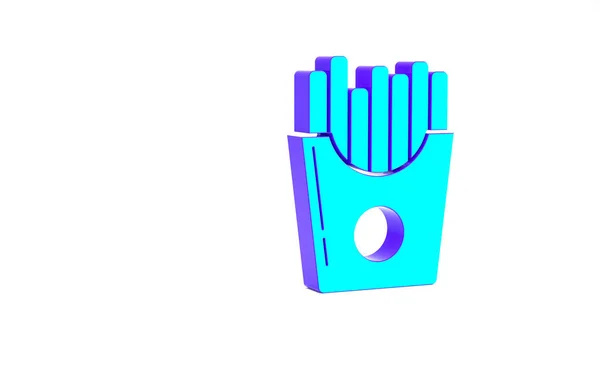 Tyrkysová Brambory hranolky v krabičce ikona izolované na bílém pozadí. Rychlé občerstvení. Minimalismus. 3D ilustrace 3D vykreslení — Stock fotografie