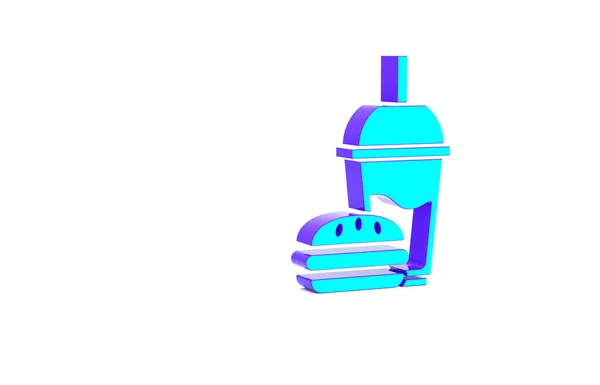 Vidro de papel turquesa com palha de bebida e ícone de hambúrguer isolado no fundo branco. Sinal de bebida com refrigerante. Hambúrguer, sanduíche de cheeseburger. Conceito de minimalismo. 3D ilustração 3D render — Fotografia de Stock