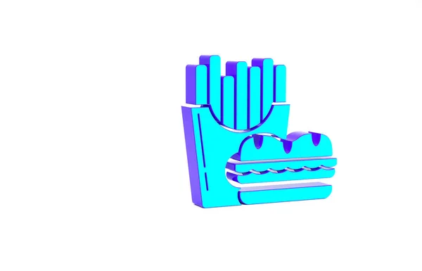 Hamburguesa turquesa y papas fritas en caja de cartón icono aislado sobre fondo blanco. Hamburguesa, sándwich de hamburguesa con queso. Menú de comida rápida. Concepto minimalista. 3D ilustración 3D render —  Fotos de Stock