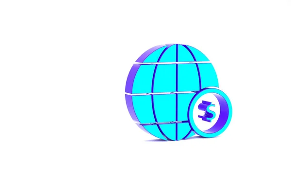 Globo Terra azul-turquesa com ícone de símbolo de dólar isolado no fundo branco. Sinal do mundo ou da Terra. Símbolo global da Internet. Formas geométricas. Conceito de minimalismo. 3D ilustração 3D render — Fotografia de Stock