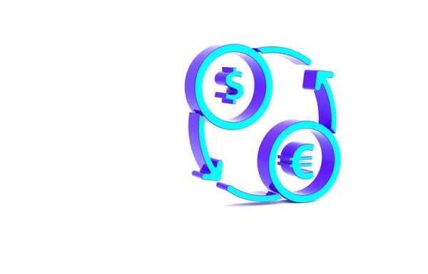 Turkusowa ikona wymiany pieniędzy odizolowana na białym tle. Symbol przelewu gotówki euro i dolara. Znak waluty bankowej. Koncepcja minimalizmu. Ilustracja 3D 3D renderowania — Zdjęcie stockowe