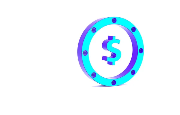 Türkisfarbenes Münzgeld mit Dollarsymbol auf weißem Hintergrund. Zeichen der Bankenwährung. Cash-Symbol. Minimalismus-Konzept. 3D Illustration 3D Renderer — Stockfoto