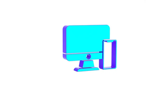 Бирюзовый монитор компьютера и значок мобильного телефона изолированы на белом фоне. Заработки в интернете, маркетинг. Концепция минимализма. 3D-рендеринг — стоковое фото