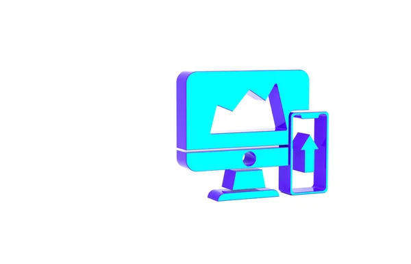 Turquoise Οικονομικό διάγραμμα ή γράφημα στην οθόνη του υπολογιστή και το εικονίδιο του κινητού τηλεφώνου απομονώνονται σε λευκό φόντο. Στρατηγική, σχεδιασμός, δεδομένα, επενδύσεις. Μινιμαλιστική έννοια. 3d απεικόνιση 3D καθιστούν — Φωτογραφία Αρχείου