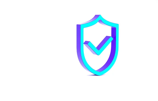 Turquoise Shield with check mark icon isolated on white background. Protection symbol. Security check Icon. Tick mark approved icon. Minimalism concept. 3d illustration 3D render — Stock Photo, Image