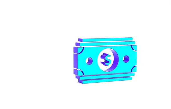 Turquoise Stacks papel moneda icono de dinero en efectivo aislado sobre fondo blanco. Billetes de dinero apilados. Billetes. Concepto minimalista. 3D ilustración 3D render — Foto de Stock