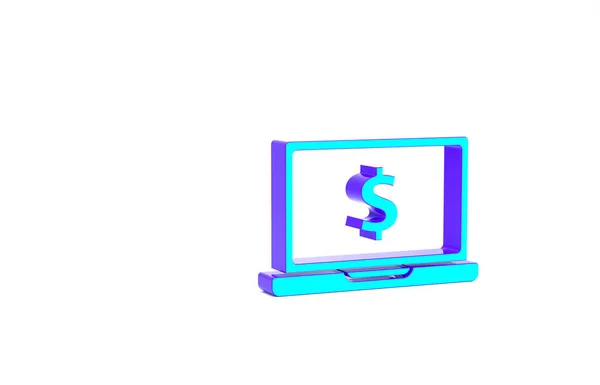 Turkos bärbar dator med dollar symbol ikon isolerad på vit bakgrund. Nätköpskoncept. Inkomster på Internet, marknadsföring. Minimalistiskt koncept. 3D-återgivning för 3D — Stockfoto