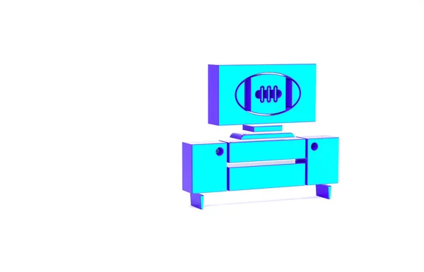 Turchese football americano sul programma televisivo e stand icona isolata su sfondo bianco. Concetto minimalista. Illustrazione 3d rendering 3D — Foto Stock