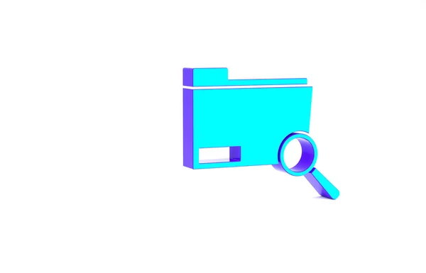 Koncept tyrkysového vyhledávání s ikonou složky izolovanou na bílém pozadí. Lupa a dokument. Data a informační značka. Minimalismus. 3D ilustrace 3D vykreslení — Stock fotografie