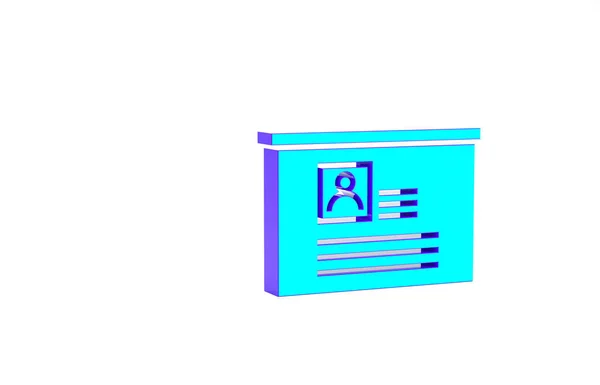 Tableau turquoise avec icône CV isolé sur fond blanc. CV application. Recherche de personnel professionnel. Analyse du CV du personnel. Concept de minimalisme. Illustration 3D rendu 3D — Photo