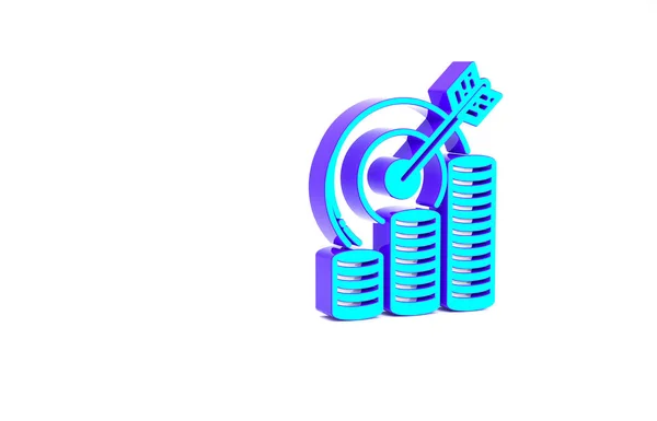 Tyrkysový cíl s ikonou symbolu mince izolovaný na bílém pozadí. Ikona cíle investice. Úspěšný obchodní koncept. Hotovost nebo peníze. Minimalismus. 3D ilustrace 3D vykreslení — Stock fotografie