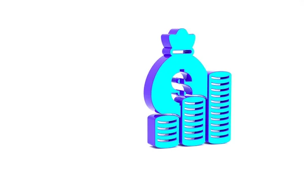 Бирюзовый мешок с деньгами и иконка монеты на белом фоне. Символ доллара или доллара США. Валютный знак Cash Banking. Концепция минимализма. 3D-рендеринг — стоковое фото