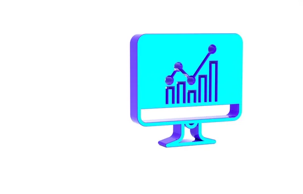 Turkusowy monitor komputerowy z ikoną wykresu na białym tle. Zgłoś ikonę pliku tekstowego. Znak księgowości. Audyt, analiza, planowanie. Koncepcja minimalizmu. Ilustracja 3D 3D renderowania — Zdjęcie stockowe