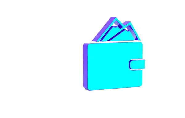 Türkis Brieftasche mit Stapeln Papiergeld Bargeld Symbol isoliert auf weißem Hintergrund. Portemonnaie. Bargeldsparsymbol. Minimalismus-Konzept. 3D Illustration 3D Renderer — Stockfoto