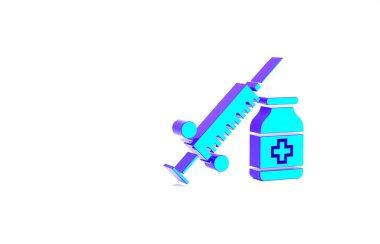 Beyaz zemin üzerinde iğne, şişe ya da ampul ikonu bulunan turkuaz tıbbi şırınga. Aşı, iğne, aşı, insülin konsepti. Minimalizm kavramı. 3d illüstrasyon 3B canlandırma