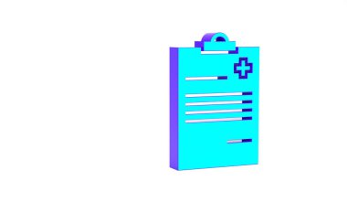 Beyaz arka planda izole edilmiş klinik rekor simgesi olan turkuaz tıbbi pano. Sağlık sigortası formu. Reçete, tıbbi kontrol işaretleri raporu. Minimalizm kavramı. 3d illüstrasyon 3B canlandırma